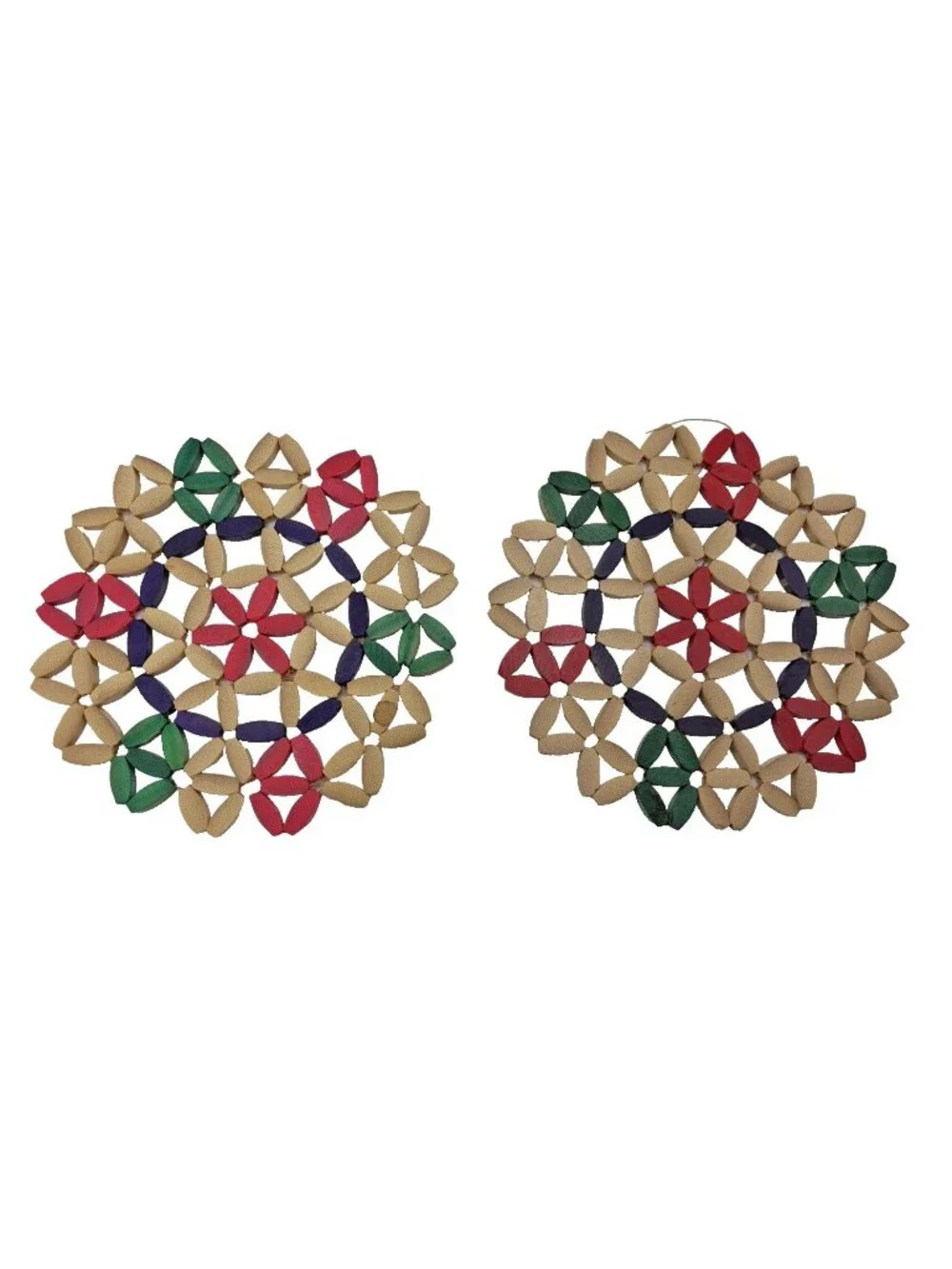 Vintage Folk Art Wooden Bead Trivets Red Green Natural Lot of 2 Hot Pad Pot Mat